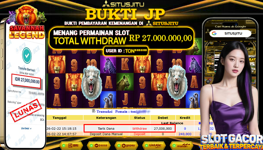 SITUSJITU id : TON***** JACKPOT SLOT SAVANAH LEGEND PRAGMATIC PLAY  TOTAL WITHDRAW  Rp.27.000.000 ,- LUNAS