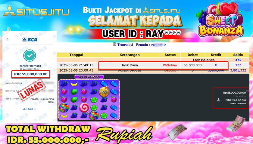 SITUSJITU id : RAY*** MENANG BESAR DI SLOT GATES OF OLYMPUS SWEET BONANZA TOTAL WITHDRAW Rp.55.000.000 ,- LUNAS