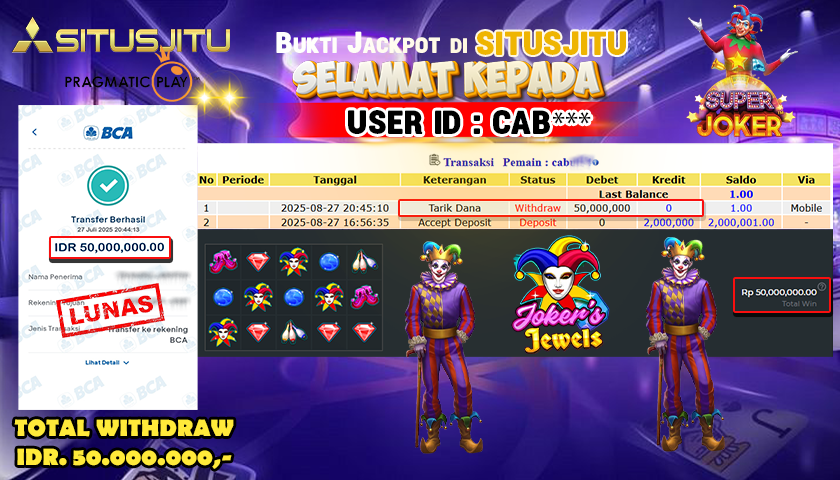 SITUSJITU id : CAB*** JACKPOT SLOT DI JOKER JEWELS PRAGMATIC PLAY Rp.50.000.000 ,- LUNAS