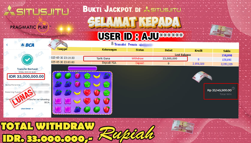 SITUSJITU id : AJU**** MENANG BESAR DI SLOT SWEET BONANZA 1000 PLAY DENGAN TOTAL WITHDRAW Rp.33.000.000 ,- LUNAS