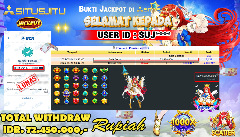 SITUSJITU  id : SUJ*** MENANG BESAR DI SLOT STARLIGHT PRINCESS  1000 PRAGMATIC PLAY DENGAN TOTAL WITHDRAW Rp.72.450.000 ,- LUNAS