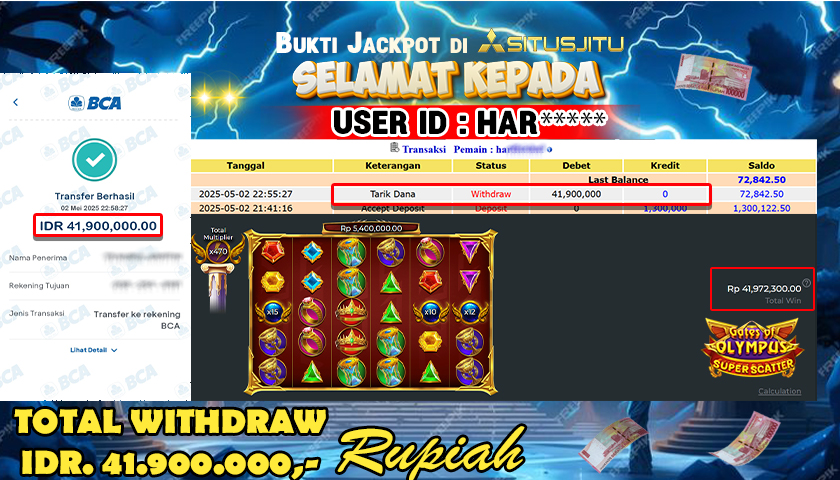 SITUSJITU id : HAR*** JACKPOT MENANG BESAR DI SLOT Gates Of Olympus Super Scatter PRAGMATIC PLAY Rp.41.900.000 ,- LUNAS
