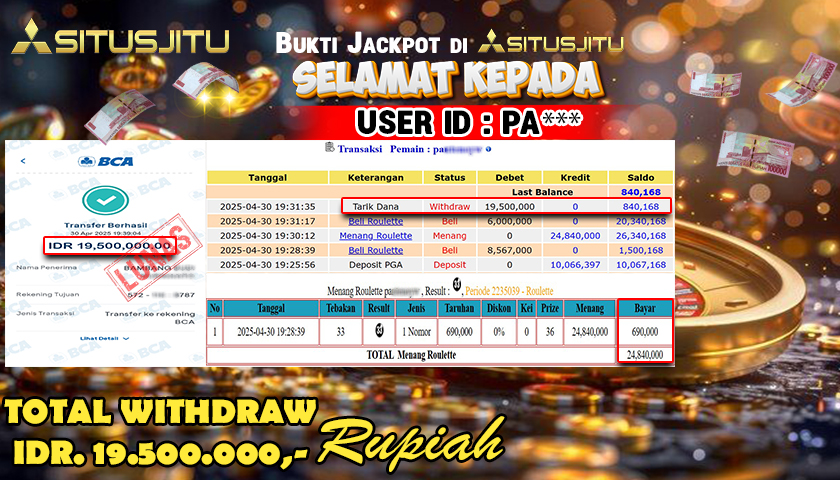 SITUSJITU id : PA*** MENANG BESAR DI ROULETTE LIVEGAMES DENGAN TOTAL WITHDRAW Rp.19.500.000 ,- LUNAS