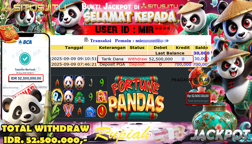 SITUSJITU  id : MIR**** MENANG BESAR DI SLOT FORTUNE PANDAS PRAGMATIC PLAY DENGAN TOTAL WITHDRAW Rp.52.500.000 ,- LUNAS