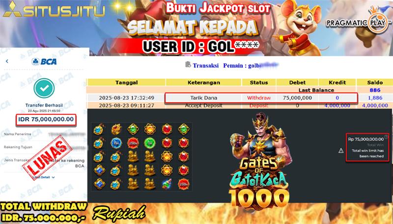 SITUSJITU id :  GOL****** JACKPOT SLOT DI GATES OF GATOT KACA 1000 Rp.75.000.000 ,- LUNAS