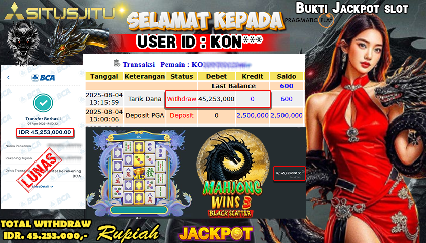 SITUSJITU id : KON*** JACKPOT MENANG BESAR DI MAHJONG WINS 3 - BLACK SCATTER PRAGMATIC PLAY Rp.45.253.000 ,- LUNAS
