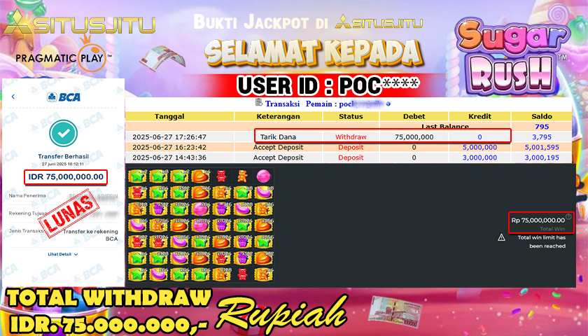 SITUSJITU  id : POC**** MENANG BESAR DI SLOT SUGAR RUSH 1000 PRAGMATIC PLAY DENGAN TOTAL WITHDRAW Rp.75.000.000 ,- LUNAS