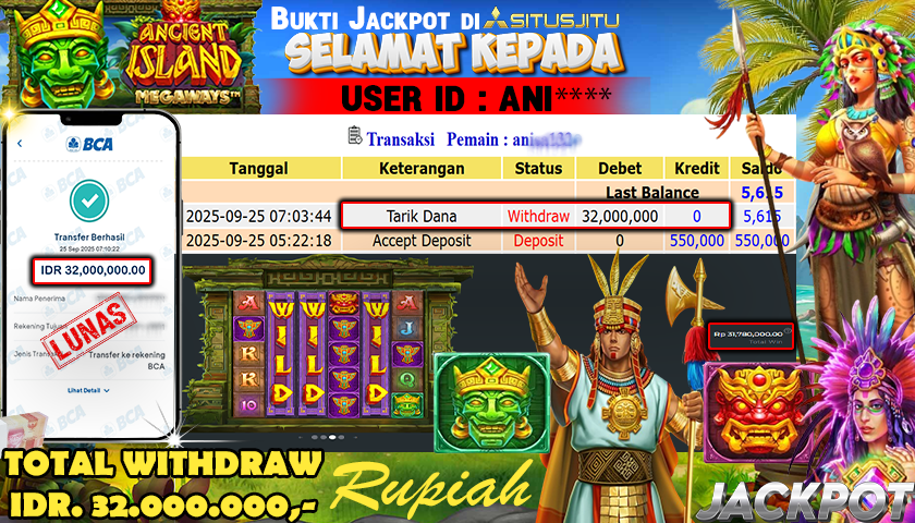SITUSJITU  id : ANI**** JACKPOT SLOT ANCIENT ISLAND MEGAWAYS PRAGMATIC  PLAY Rp. 32.000.000 ,- LUNAS
