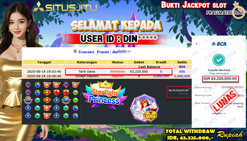 SITUSJITU id :  DIN****** JACKPOT SLOT DI STARLIGHT PRINCESS Rp.63.225.000 ,- LUNAS