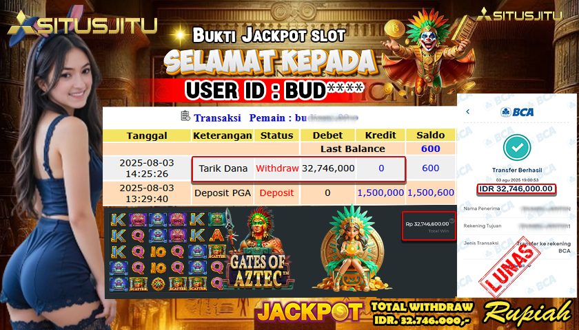 SITUSJITU id : BUD**** JACKPOT SLOT GATES OF AZTEC PRAGMATIC PLAY Rp.32.746.000 ,- LUNAS