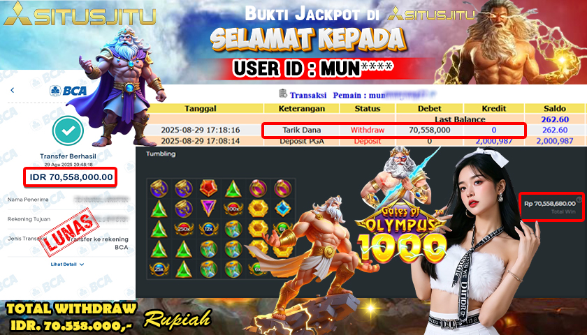 SITUSJITU id : MUN**** JACKPOT MENANG BESAR DI GATES OF OLYMPUS 1000 PRAGMATIC PLAY Rp.70.558.000 ,- LUNAS