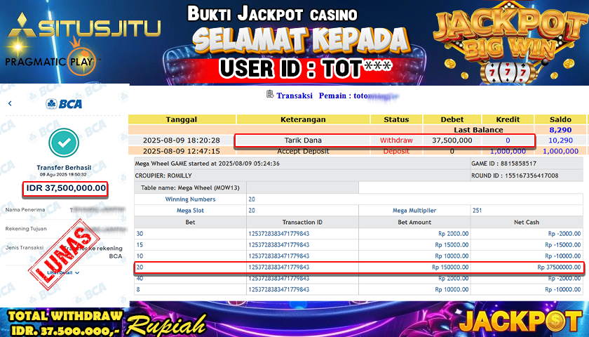 SITUSJITU id :  TOT**** JACKPOT LIVE GAMES MEGA WHEEL Rp.37.500.000 ,- LUNAS