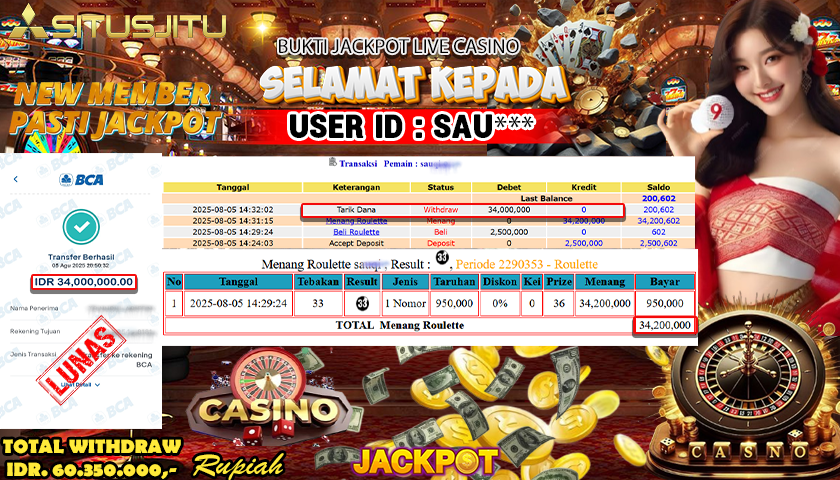 SITUSJITU id :  SAU**** JACKPOT LIVE GAMES ROULETTER Rp.34.000.000 ,- LUNAS