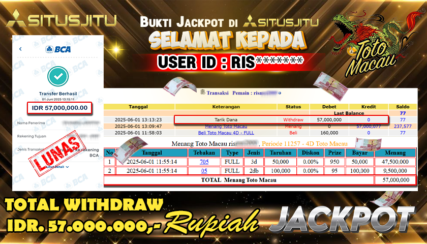 SITUSJITU id : RIS****** JACKPOT TOGEL TOTO MACAU Rp.57.000.000 ,- LUNAS