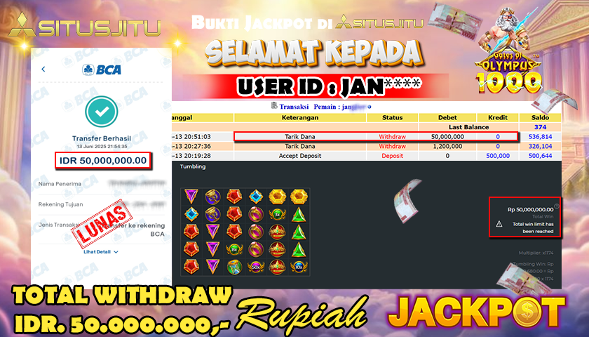 SITUSJITU id : JAN***** JACKPOT SLOT GATES OF OLYMPUS 1000 PRAGMATIC PLAY Rp.50.000.000 ,- LUNAS