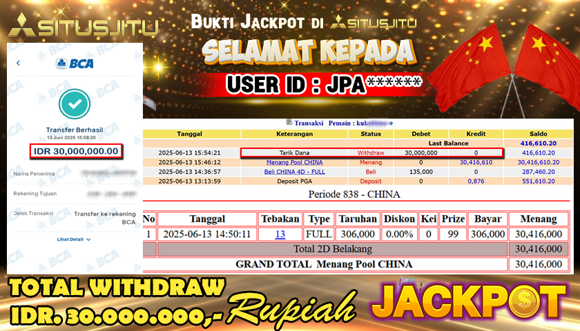 SITUSJITU id : JPA****** JACKPOT TOGEL CHINA POOLS Rp.30.000.000 ,- LUNAS