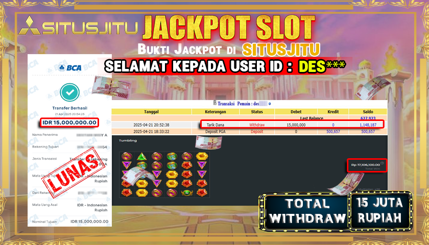 SITUSJITU id : DES*** JACKPOT SLOT GATES OF OLYMPUS 1000 Rp.15.000.000 ,- LUNAS