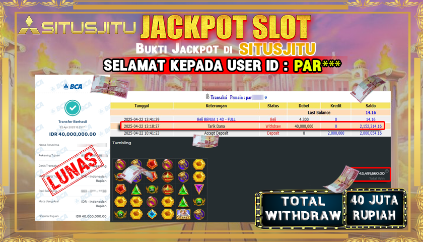 SITUSJITU id : PAR*** JACKPOT SLOT GATES OF OLYMPUS Rp.40.000.000 ,- LUNAS