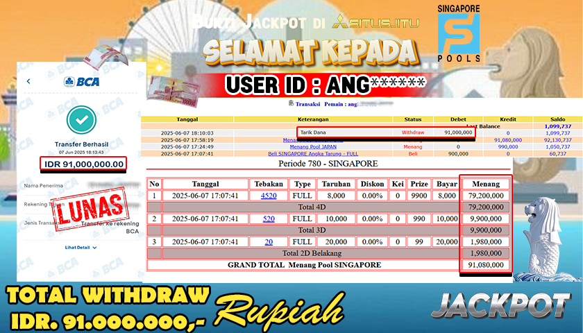 SITUSJITU id : ANG****** MENANG BESAR DI POOL SINGAPORE DENGAN TOTAL WITHDRAW Rp.91.000.000 ,- LUNAS