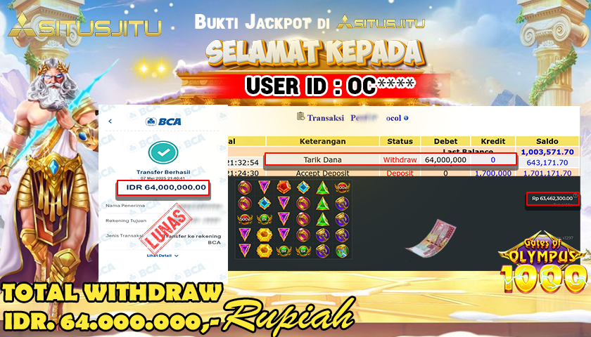 SITUSJITU id : OC**** JACKPOT MENANG BESAR DI GATES OF OLYMPUS 1000 PRAGMATIC PLAY Rp.64.000.000 ,- LUNAS