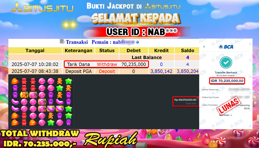 SITUSJITU id : NAB**** JACKPOT MENANG BESAR DI SLOT SUGAR RUSH 1000 Rp.70.235.000 ,- LUNAS