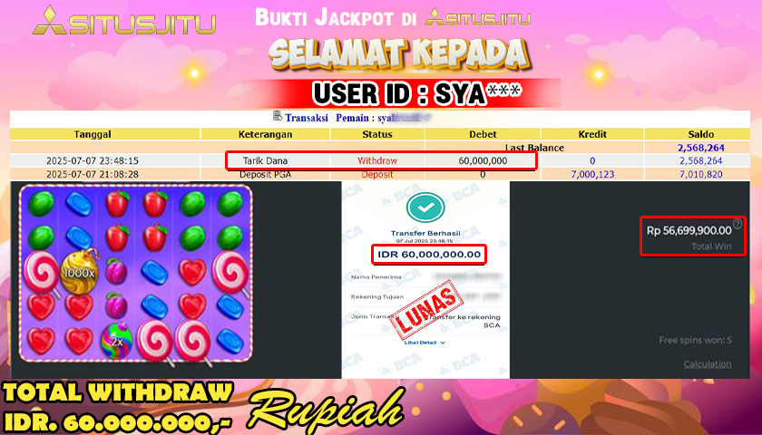 SITUSJITU id : SYA**** JACKPOT MENANG BESAR DI SWEET BONANZA 1000 Rp.60.000.000 ,- LUNAS