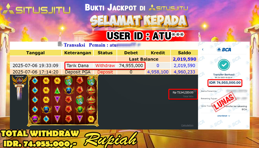 SITUSJITU id : ATU**** JACKPOT MENANG BESAR DI SLOT GATES OF OLYMPUS SUPER SCATTER Rp.74.955.000 ,- LUNAS