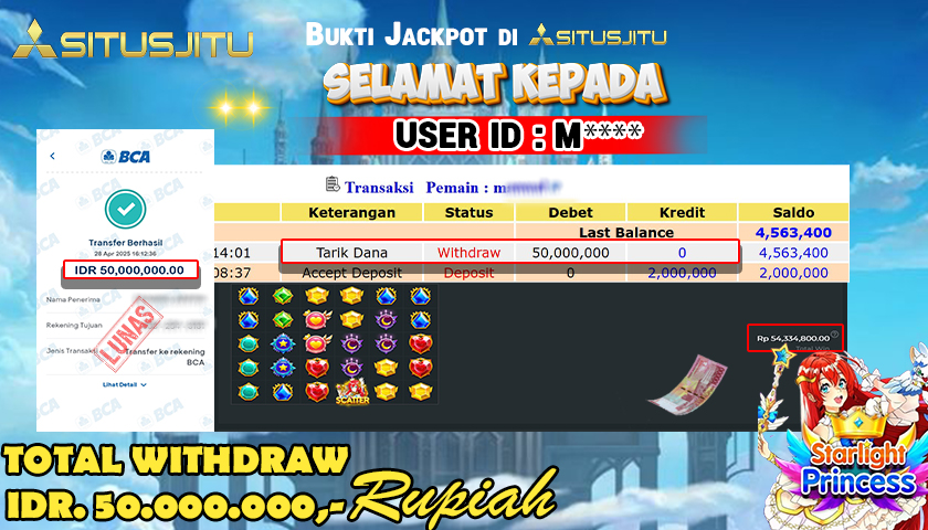 SITUSJITU id : M*** JACKPOT MENANG BESAR DI SLOT STARLIGHT PRINCESS 1000 PRAGMATIC PLAY Rp.50.000.000 ,- LUNAS