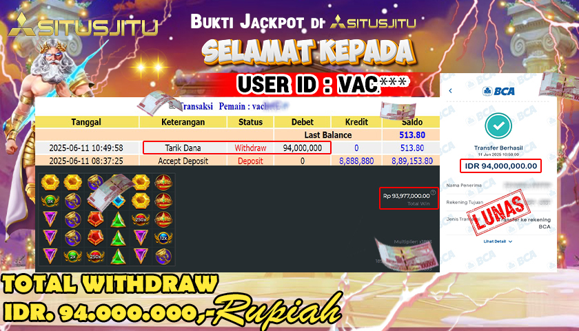 SITUSJITU id : VAC*** JACKPOT SLOT GATES OF OLYMPUS 1000 Rp.94.000.000 ,- LUNAS
