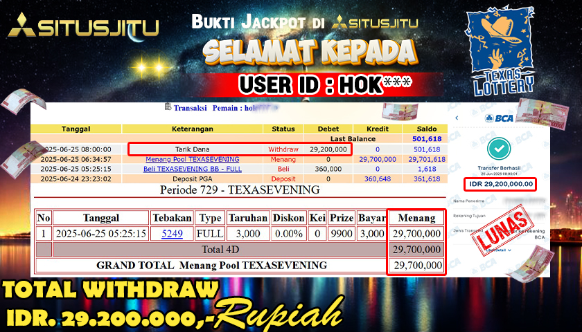 SITUSJITU id : HOK*** JACKPOT TOGEL TEXASEVENING POOLS Rp.29.200.000 ,- LUNAS