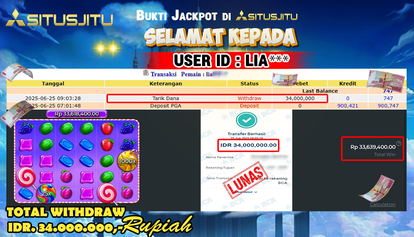 SITUSJITU  id : LIA**** MENANG BESAR DI SLOT SWEET BONANZA 1000 PRAGMATIC PLAY DENGAN TOTAL WITHDRAW Rp.34.000.000 ,- LUNAS