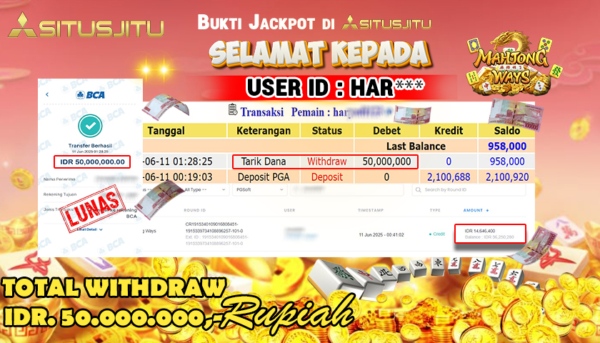 SITUSJITU id : HAR*** JACKPOT SLOT MAHJONG WAYS PGSoft Rp.50.000.000 ,- LUNAS