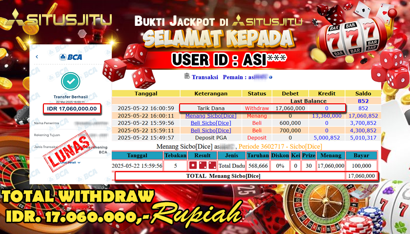 SITUSJITU id : ASI*** MENANG BESAR DI LIVE GAME SICBO DICE DENGAN TOTAL WITHDRAW Rp.17,060,000- LUNAS