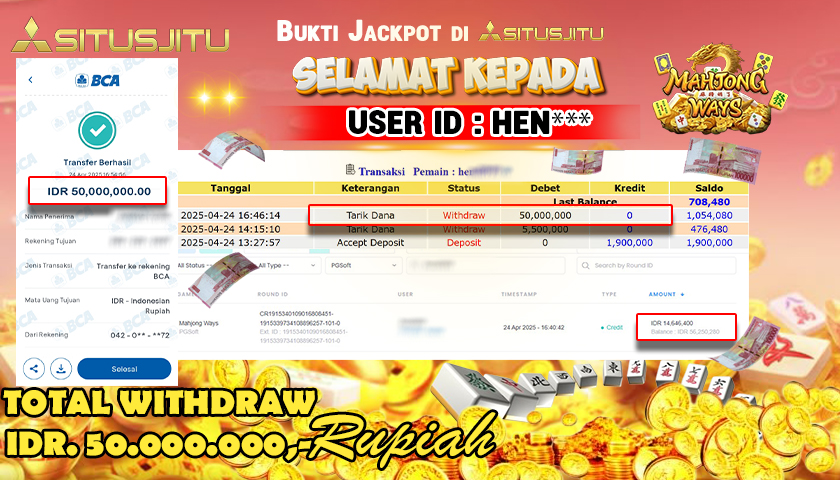 SITUSJITU id : HEN*** JACKPOT MENANG BESAR DI MAHJONG WAYS PGSoft Rp.50.000.000 ,- LUNAS