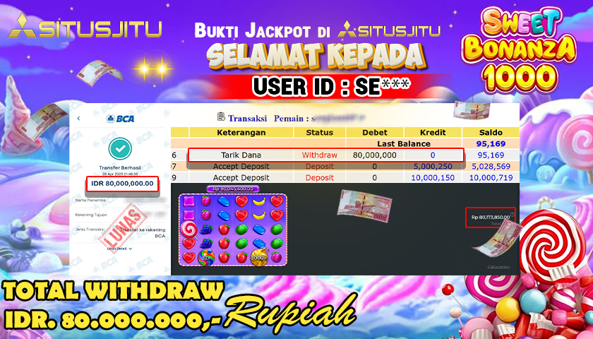 SITUSJITU id : SE*** JACKPOT MENANG BESAR DI SWEET BONANZA 1000 PRAGMATIC PLAY Rp.80.000.000 ,- LUNAS