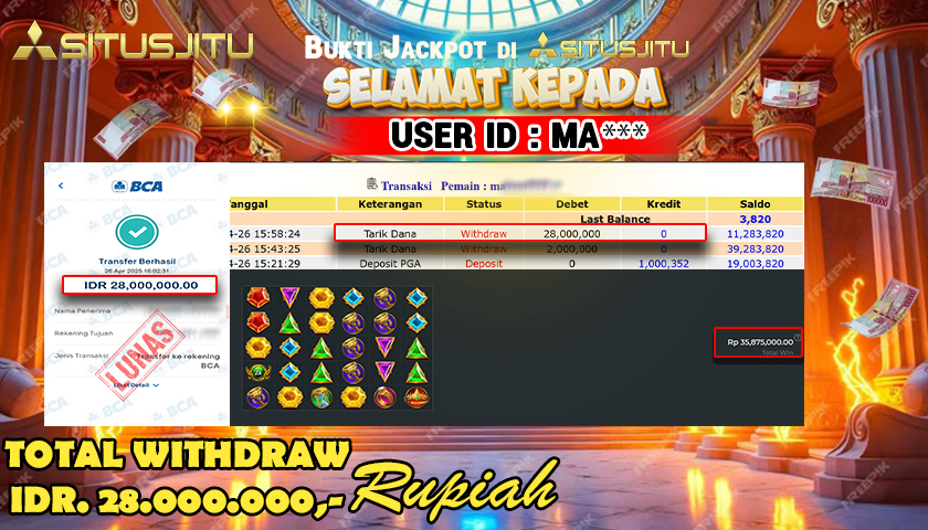SITUSJITU id : MA***  MENANG BESAR DI GATES OF OLYMPUS 1000 Rp.28.000.000 ,- LUNAS