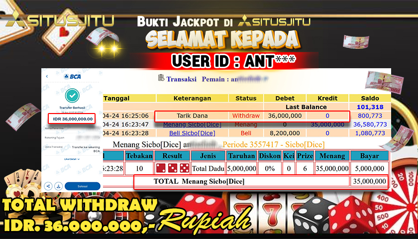 SITUSJITU id : ANT*** MENANG BESAR DI LIVE GAME SICBO DICE DENGAN TOTAL WITHDRAW Rp.36.000.000 ,- LUNAS