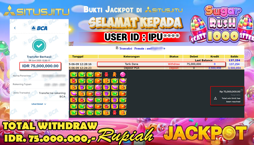 SITUSJITU  id : IPU**** MENANG BESAR DI SLOT SUGAR RUSH 1000 PRAGMATIC PLAY DENGAN TOTAL WITHDRAW Rp.75.000.000 ,- LUNAS