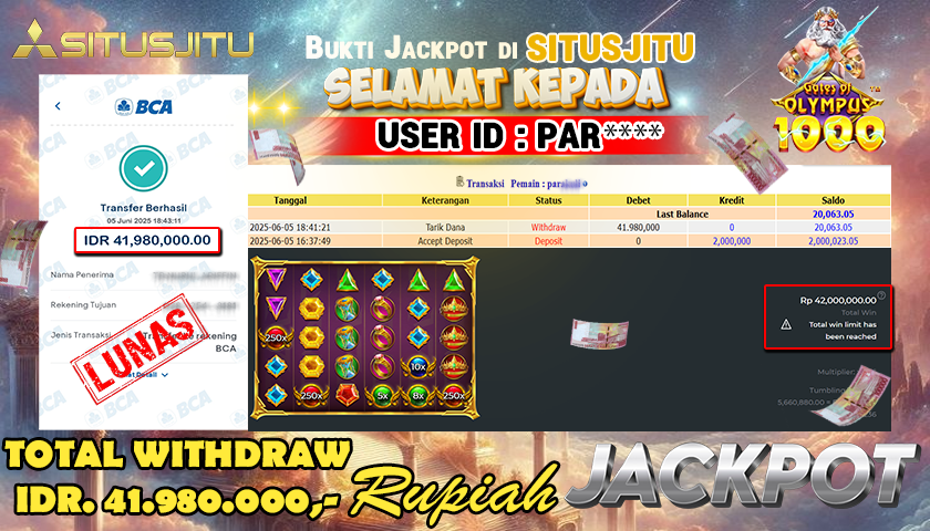 SITUSJITU id : PAR****** JACKPOT SLOT GATES OF OLYMPUS 1000 Rp.41.980.000 ,- LUNAS