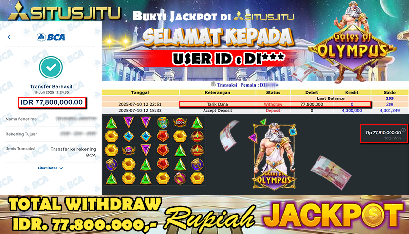 SITUSJITU id :  DI***  JACKPOT MENANG BESAR DI GATES OF OLMYPUS 1000 PRAGMATIC PLAY Rp.77.800.000 ,- LUNAS