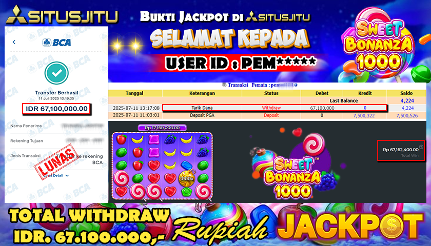 SITUSJITU  id : PEM***** MENANG BESAR DI SLOT SWEET BONANZA 1000 PRAGMATIC PLAY DENGAN TOTAL WITHDRAW Rp.67.100.000 ,- LUNAS