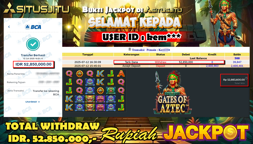 SITUSJITU id : HEM*** JACKPOT MENANG BESAR DI GATES OF GATES OF AZTEC PRAGMATIC PLAY Rp.52.850.000 ,- LUNAS