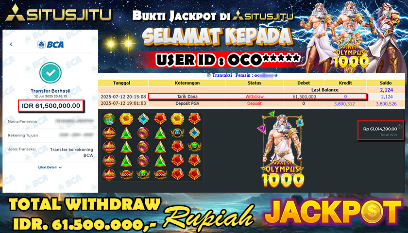 SITUSJITU id :  OCO***** JACKPOT MENANG BESAR DI GATES OF OLMYPUS 1000 PRAGMATIC PLAY Rp.61.500.000 ,- LUNAS