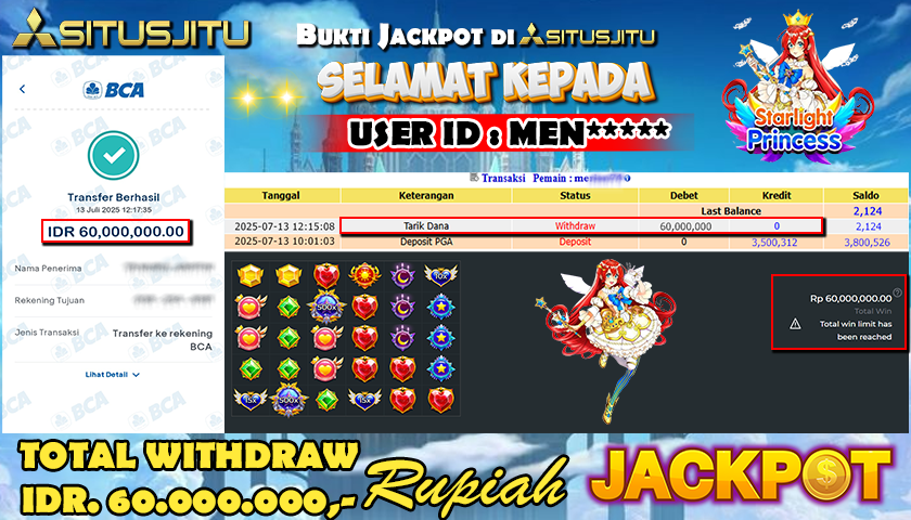 SITUSJITU id : MEN***** JACKPOT SLOT STARLIGHT PRINCESS 1000 Rp.60.000.000 ,- LUNAS