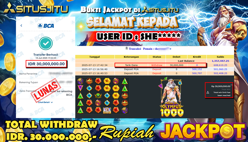 SITUSJITU id : SHE***** JACKPOT SLOT GATES OF OLYMPUS 1000 PRAGMATIC PLAY Rp.30.000.000 ,- LUNAS