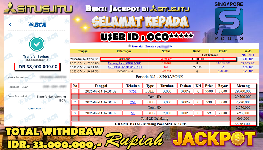 SITUSJITU id : OCO*** JACKPOT TOGEL 432D DI POOLS SINGAPORE Rp.33.000.000 ,- LUNAS