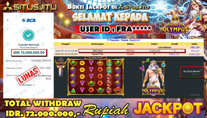 SITUSJITU id : FRA*** JACKPOT SLOT GATES OF OLYMPUS SUPER SCATTER Rp.72.000.000 ,- LUNAS