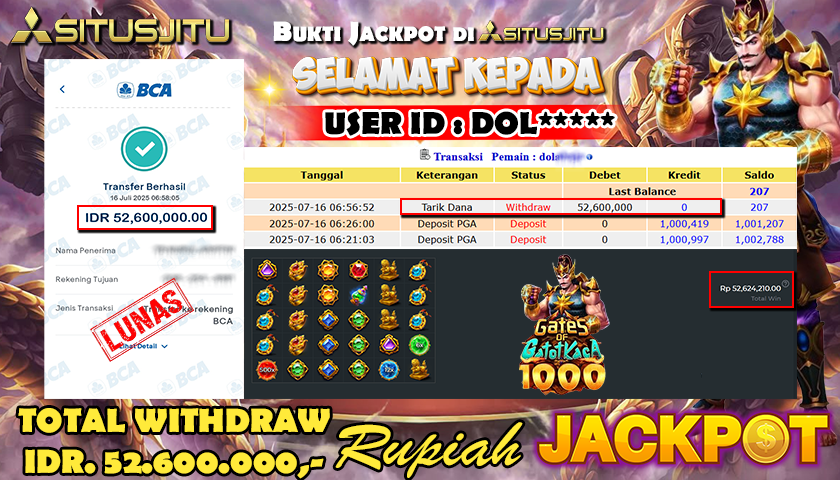 SITUSJITU id : DOL***** JACKPOT MENANG BESAR DI GATES OF GATOT KACA 1000 PRAGMATIC PLAY Rp.52.600.000 ,- LUNAS