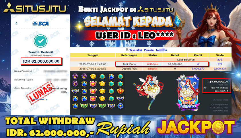 SITUSJITU id : LEO**** JACKPOT SLOT STARLIGHT PRINCESS 1000 Rp.62.000.000 ,- LUNAS