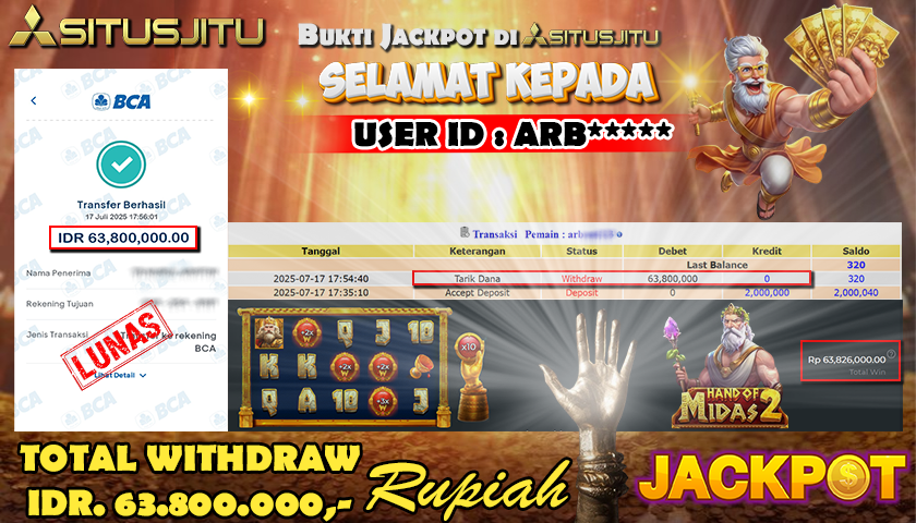 SITUSJITU id :  ARB***** JACKPOT MENANG BESAR DI HAND OF MIDAS 2 PRAGMATIC PLAY Rp.63.800.000 ,- LUNAS
